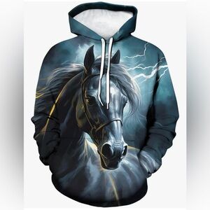 Novelty Horse Print Hoodie Animal 3D Pattern Sweatshirt Hooded Pullover Pocket